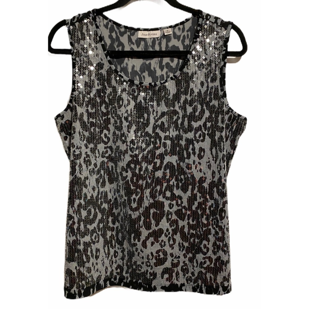Joan Rivers M sequin tank top cami gray black animal print